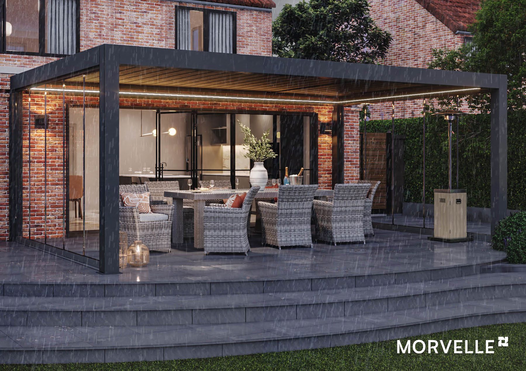 Morvelle Bioclimatic Pergola in the rain